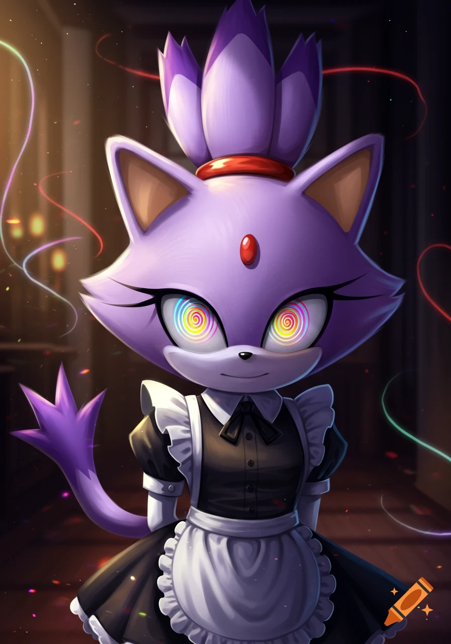 Blaze the Cat in a maid outfit with hypnotized spiral eyes stands in a dimly lit room.
