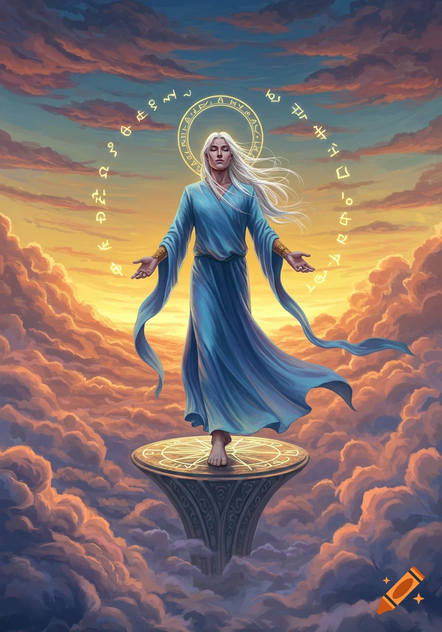 A mystical figure with long white hair in blue robes stands on a pedestal in a vibrant sunset sky, surrounded by glowing symbols.