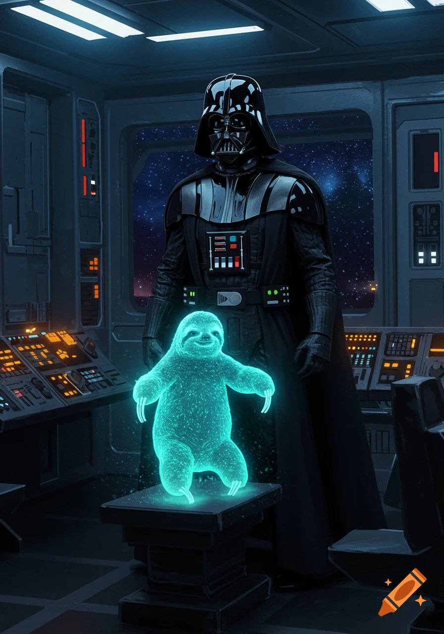 Darth Vader stands in a Star Wars spaceship control room, looking at a glowing blue hologram of a sloth on a pedestal with stars visible outside.