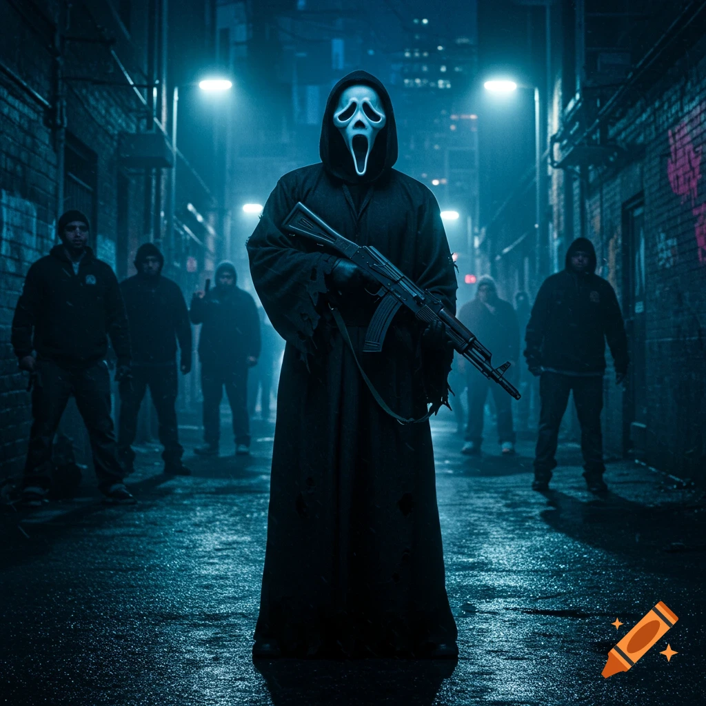 Ghostface in a black robe holding an AK-47 stands in a dark, wet alley, surrounded by shadowy figures under blue streetlights.