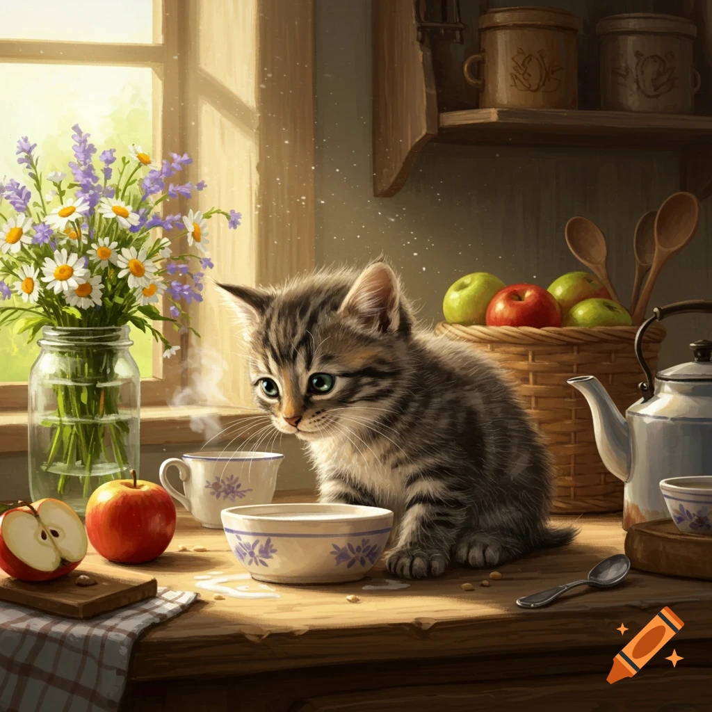 A cute tabby kitten sits on a wooden kitchen counter near a bowl of milk, red apples, a vase of wildflowers, and a teapot, bathed in sunlight from a window.