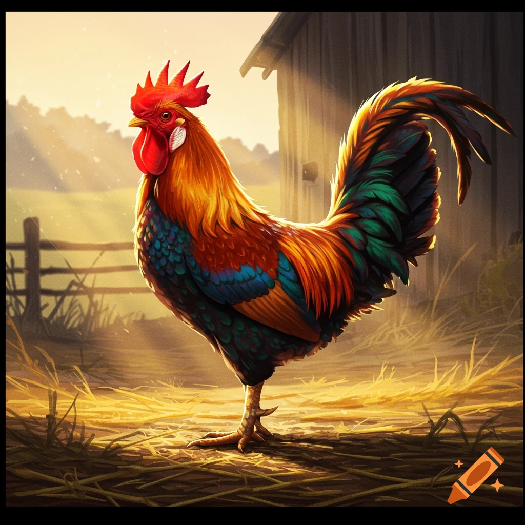 A vibrant rooster stands on straw in a sunny farmyard, with a barn and fence in the background.
