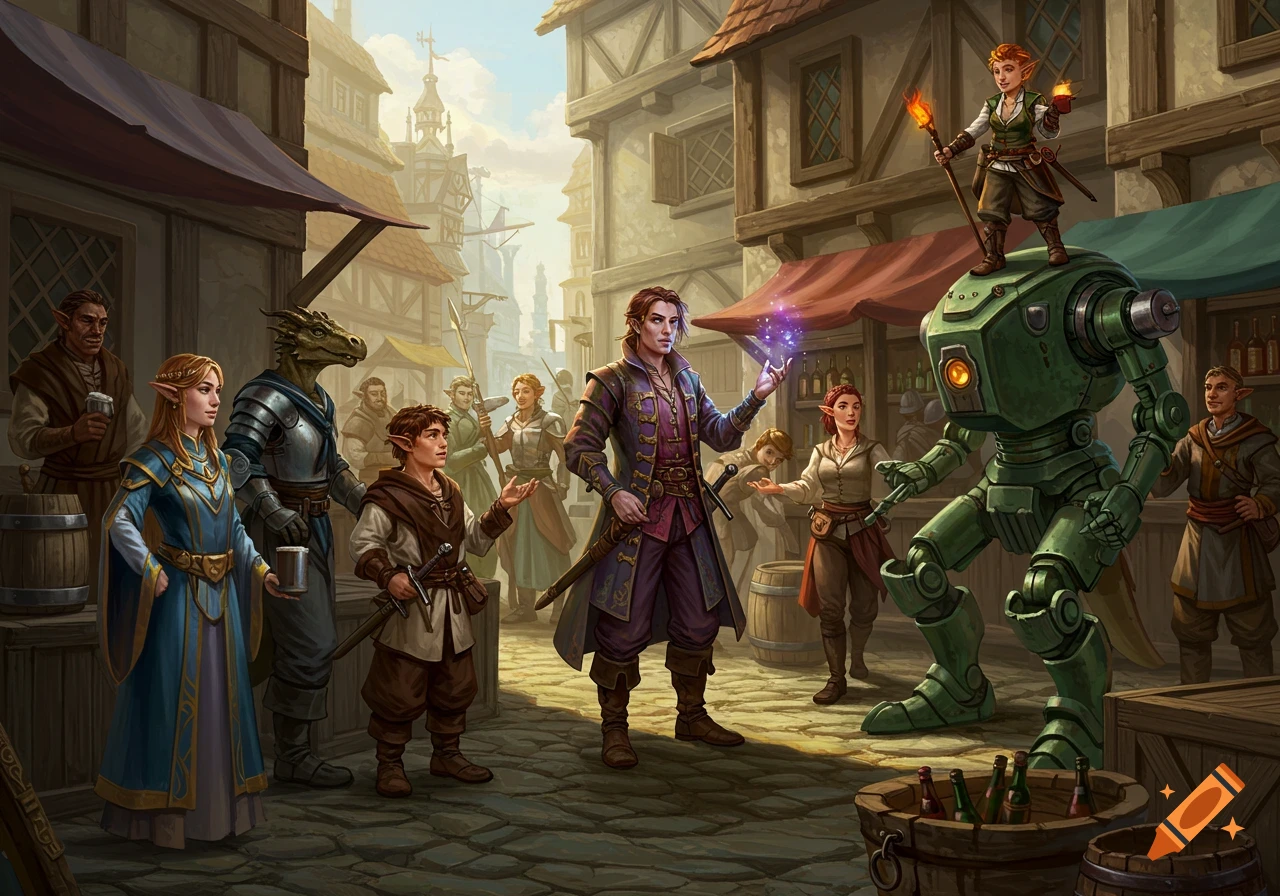 A bustling fantasy town market with various humanoids, including an elf, a dragonborn, and a sorcerer casting magic, while a gnome sits atop a large green automaton.