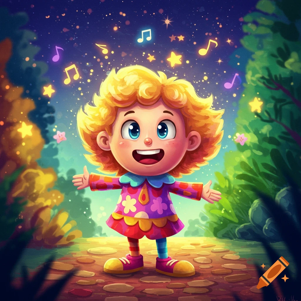 A happy cartoon child with curly blonde hair and colorful clothes stands under a starry night sky with glowing musical notes.