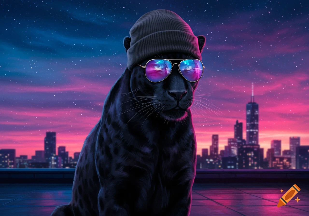 A black panther wearing a dark beanie and reflective purple sunglasses sits on a city rooftop at night under a pink and blue starry sky.