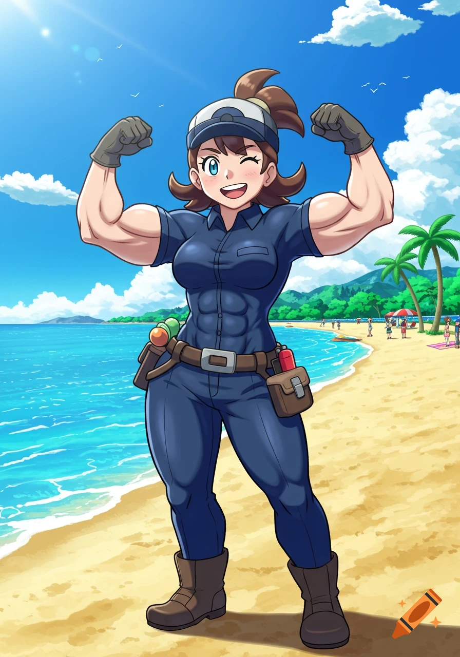 An anime-style muscular female Pokémon worker in a blue uniform and cap flexes her biceps on a sunny beach, winking.