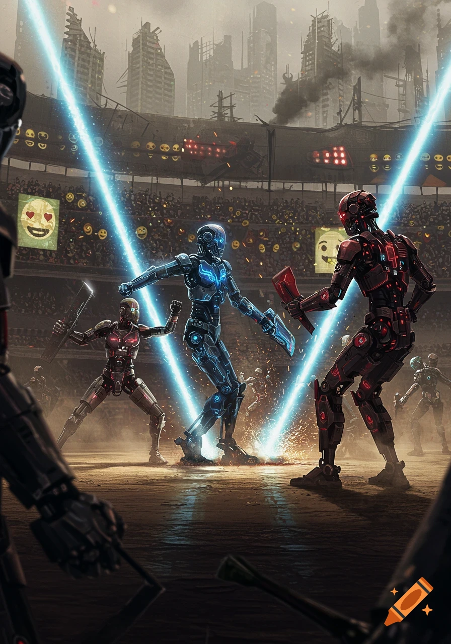 Two futuristic robots battle in a dilapidated arena under laser lights, watched by a crowd of spectators in a dystopian city.