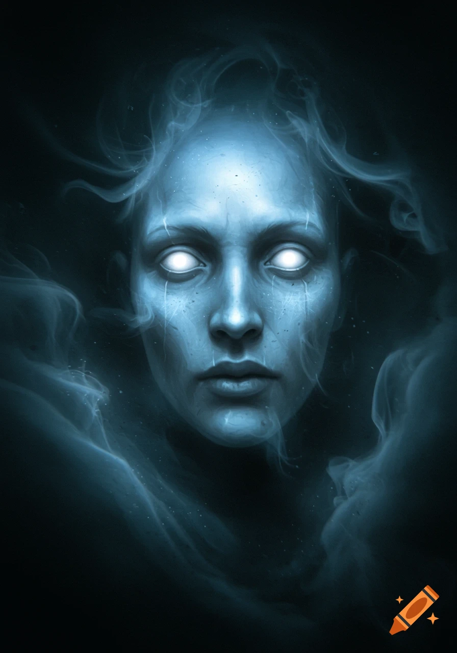 Ethereal blue ghostly woman's face with glowing white eyes surrounded by smoke on a dark background.