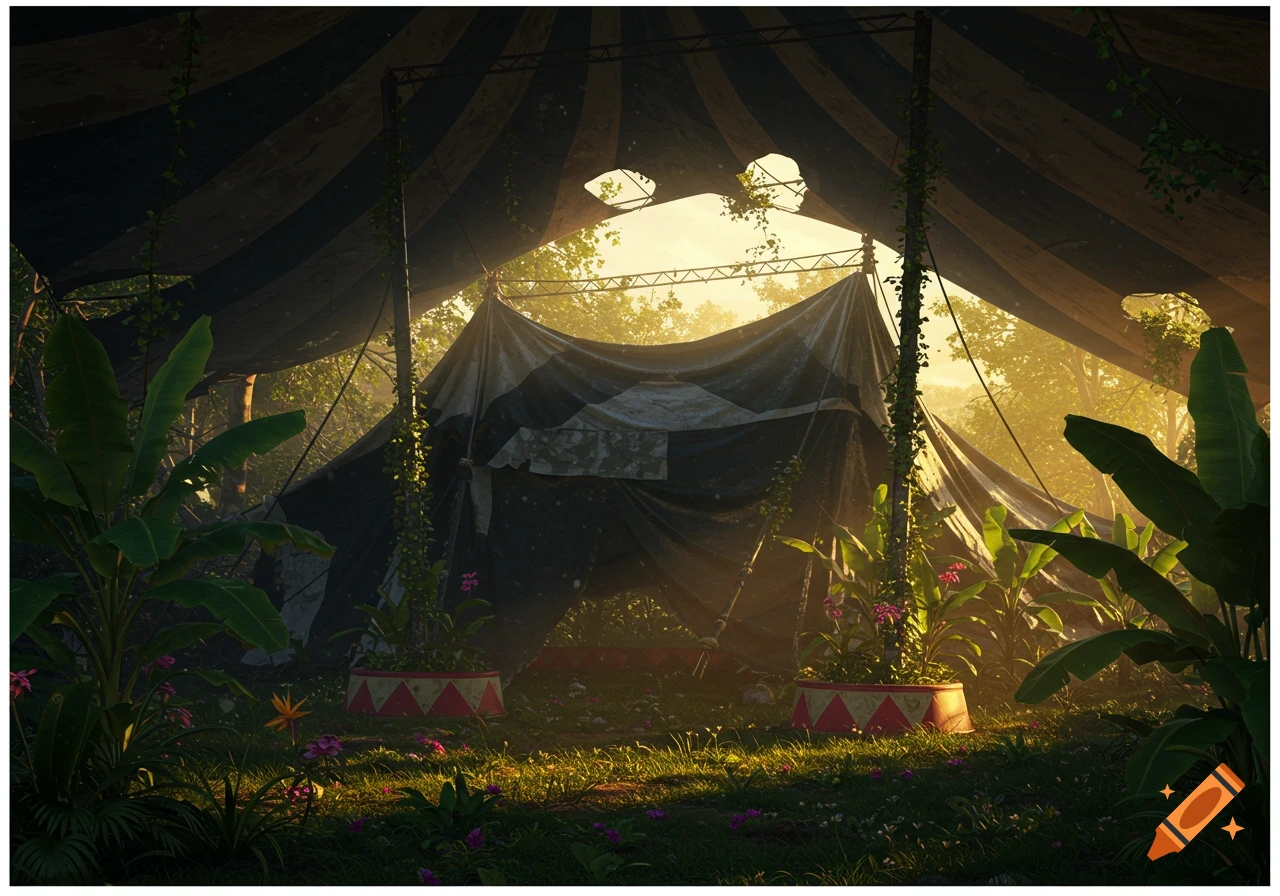 An old, dark circus tent with torn fabric, overgrown with vibrant jungle plants and vines, illuminated by bright sunlight.