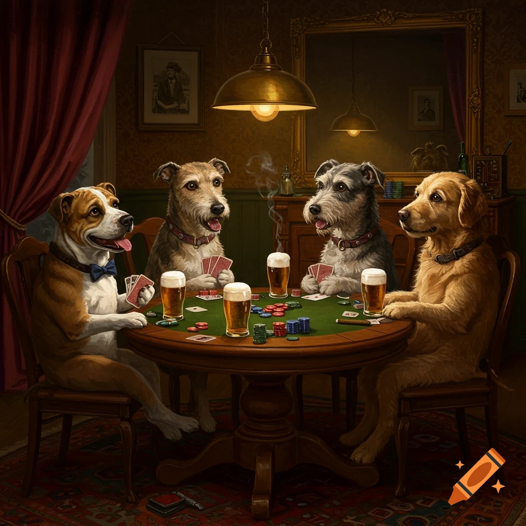 Four dogs in an oil painting style sit around a green felt table, playing poker with cards, chips, and beer in a dimly lit, richly decorated room.
