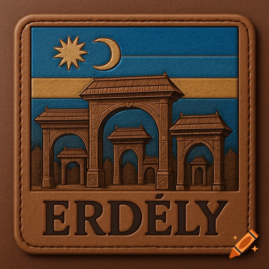 An embossed brown leather patch featuring a blue and gold flag with a sun and crescent moon, ornate Székely gates, and the word 'ERD\u00c9LY'.