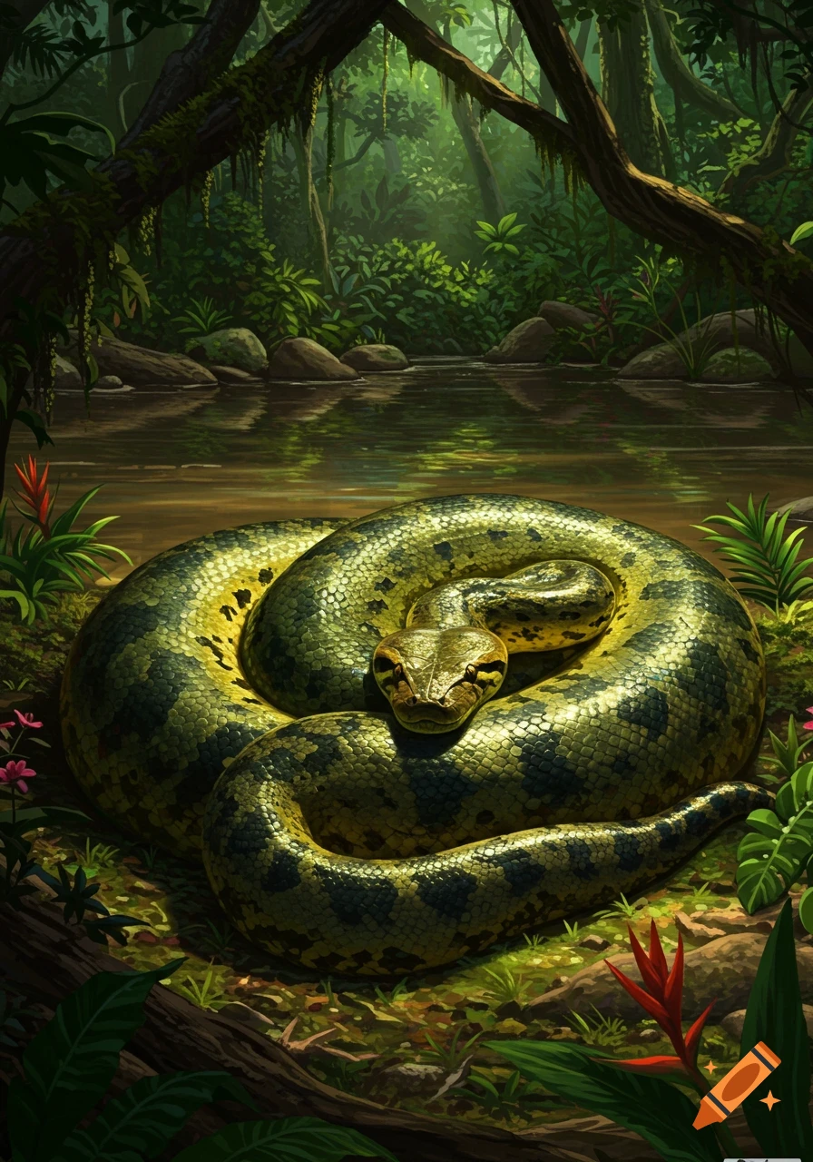 A large green and black anaconda coiled on the ground by a jungle river, in a realistic, detailed illustration.
