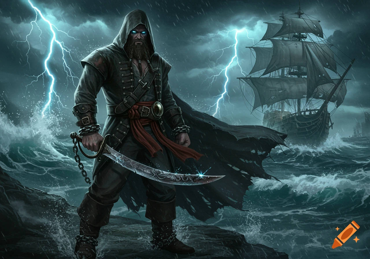 A menacing hooded pirate with glowing eyes stands on rocks in a stormy sea, holding a curved sword, with a ship and lightning.