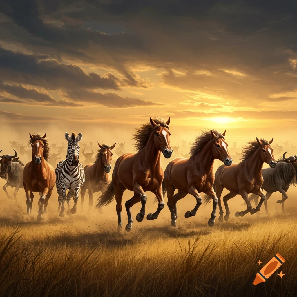A herd of horses and a zebra gallop across a dusty savanna with more animals in the background, under a dramatic sunset sky.