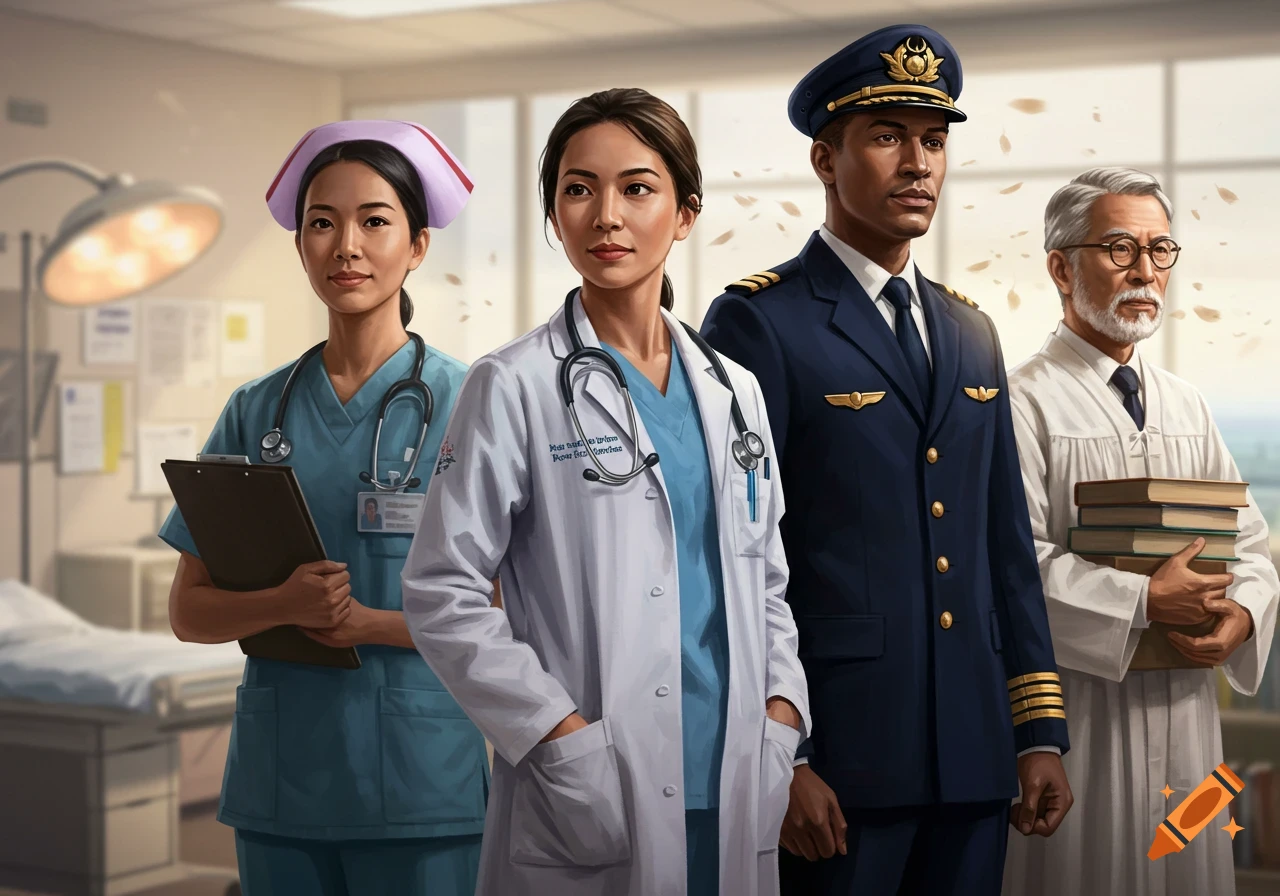Four diverse professionals: a nurse, doctor, pilot, and a professor/clergyman, standing together in an illustrative style.