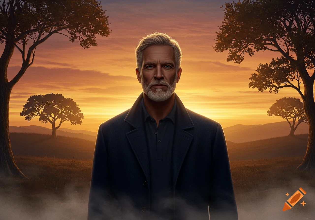 A photorealistic portrait of a middle-aged man with a beard and grey hair, standing in a field with trees against a vibrant sunset.