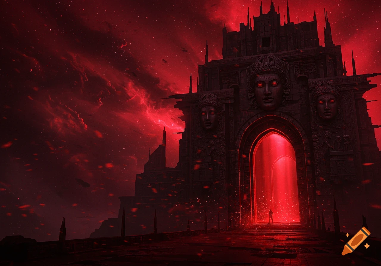 A dark, ancient, red-lit temple with carved faces and a glowing portal under a swirling red cosmic sky. A small figure stands before the entrance.