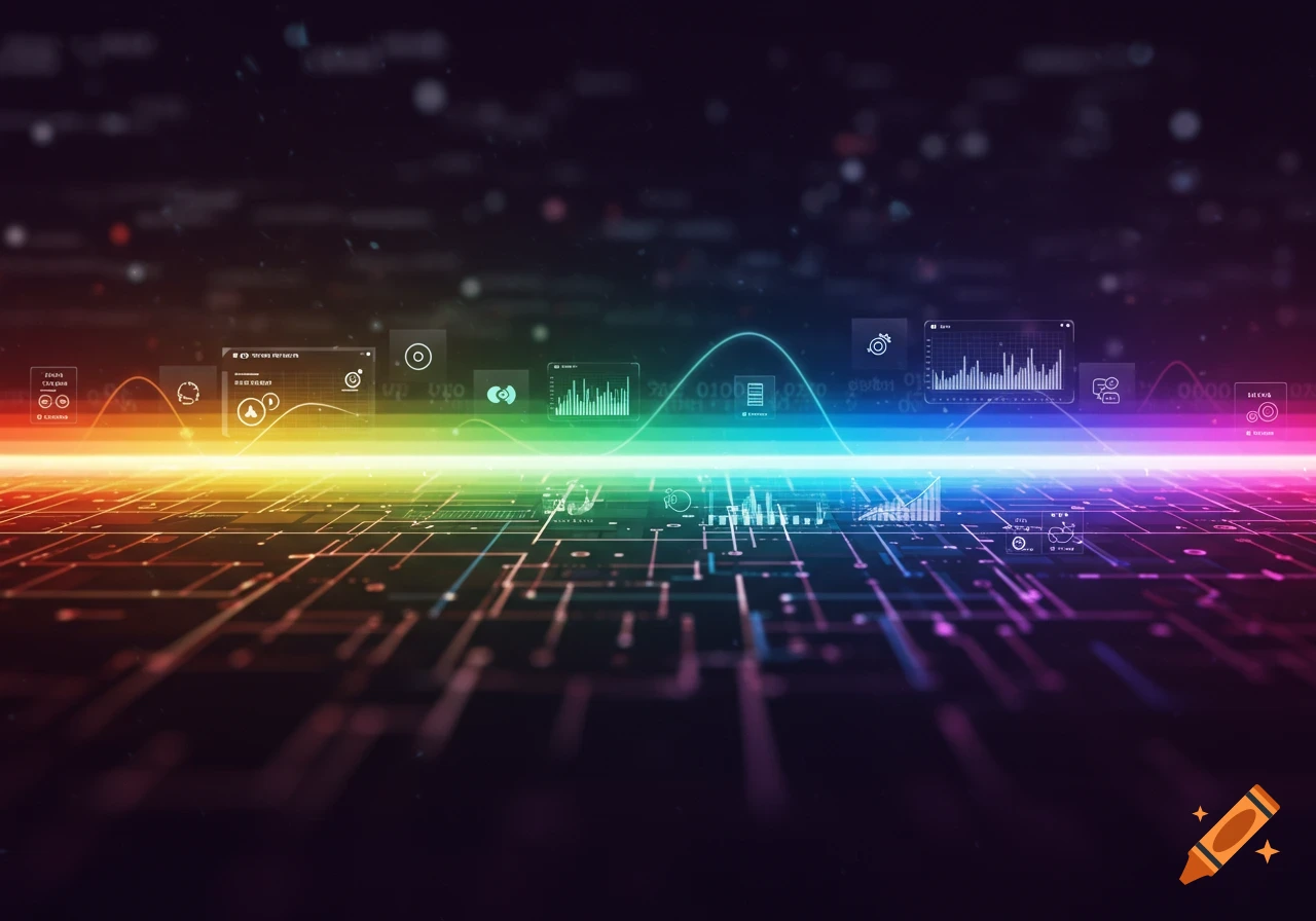 Abstract digital data visualization with a rainbow gradient light path over a circuit board pattern, showing holographic graphs.