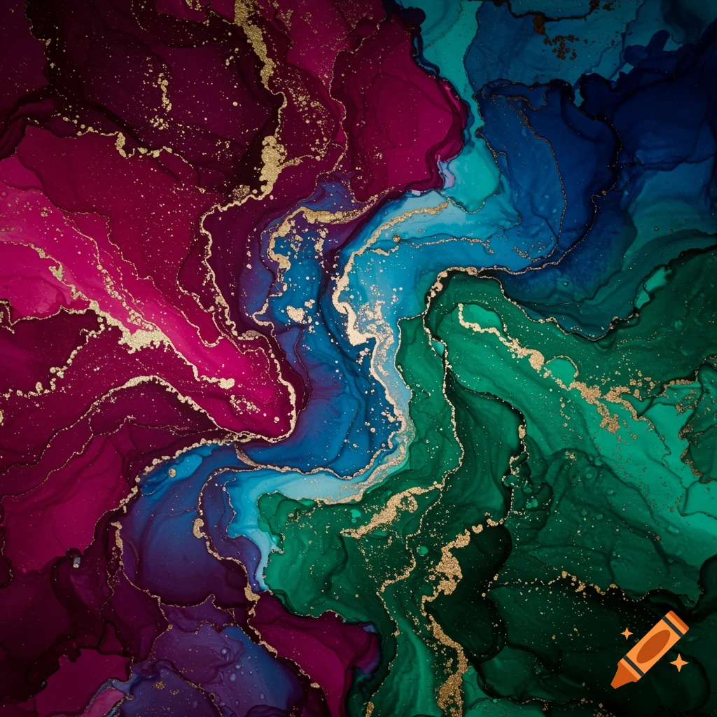 Vibrant abstract fluid art with swirling magenta, blue, and green ink, accented with sparkling gold lines and specks.