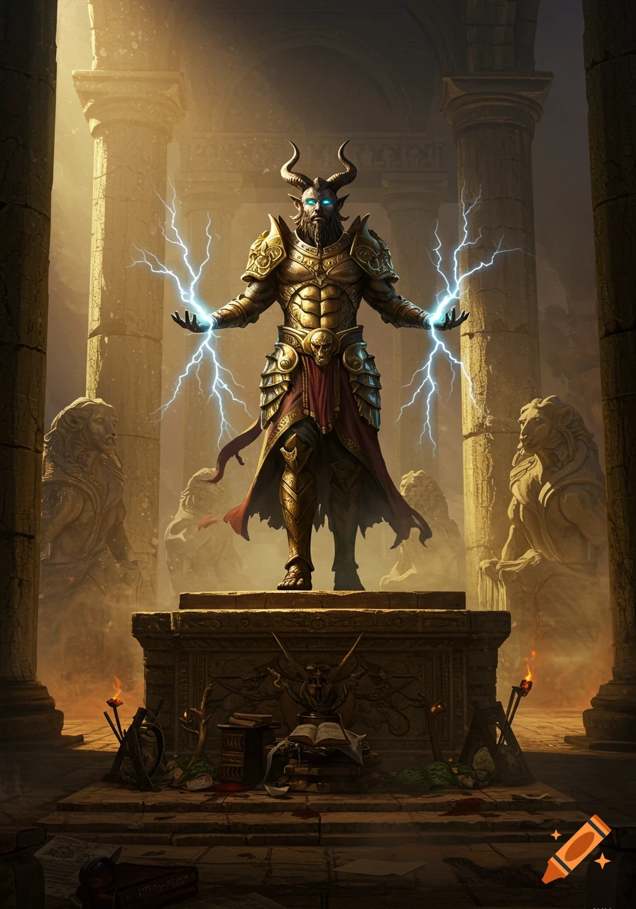 A horned, bearded god in golden armor with glowing blue eyes, emitting lightning from his hands while standing on a stone altar in a ruined temple.