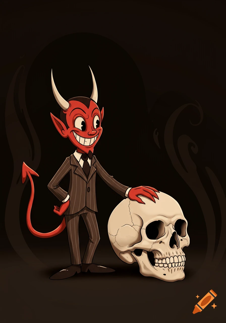Red devil in a pinstripe suit, in 1950s animation style, with his hand on a realistic human skull.