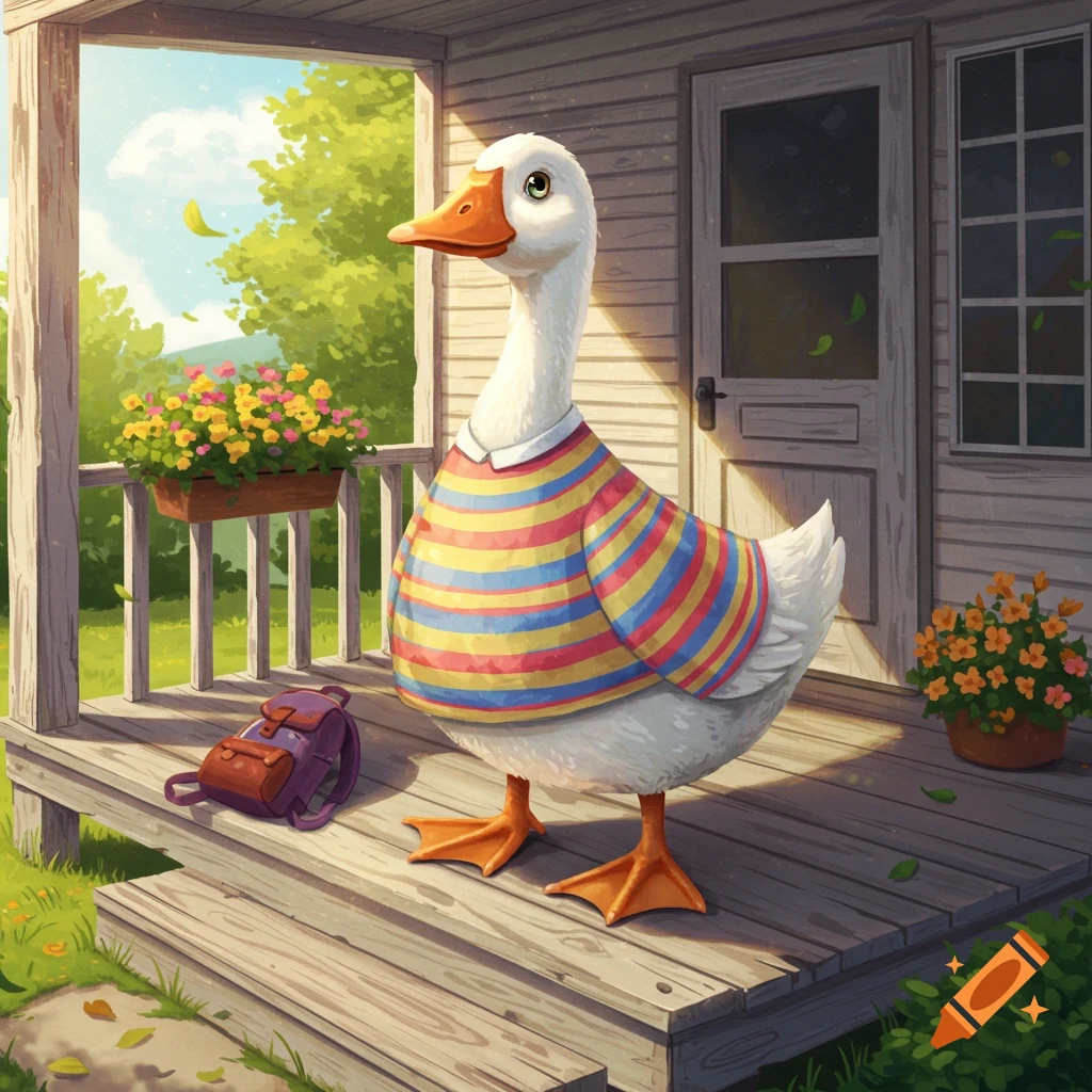 A cute, cartoon goose wearing a colorful striped shirt stands on a wooden porch with a backpack, flowers, and a house in the background on a sunny day.