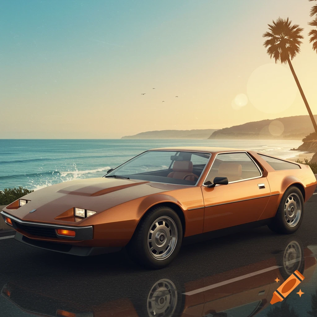An orange 70s concept sports car parked on a coastal road at sunset, with ocean waves and palm trees in the background.