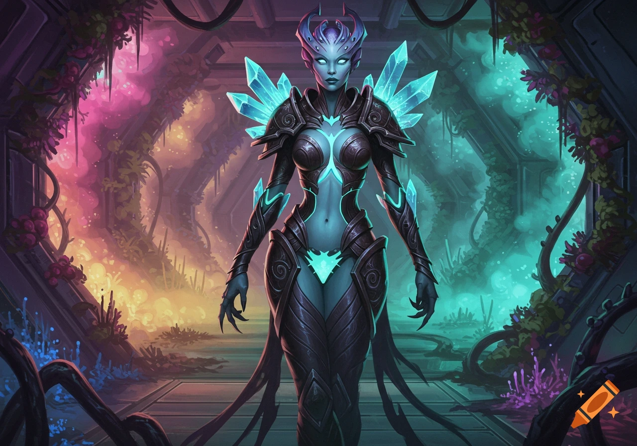 A blue-skinned female alien warrior in dark intricate armor with glowing crystals stands in a vibrant overgrown alien environment.