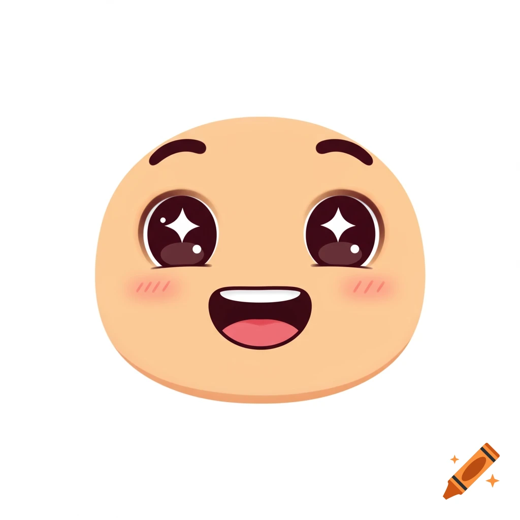 A cartoon emoji face with light skin, large sparkling eyes, rosy cheeks, and an open, happy smile.
