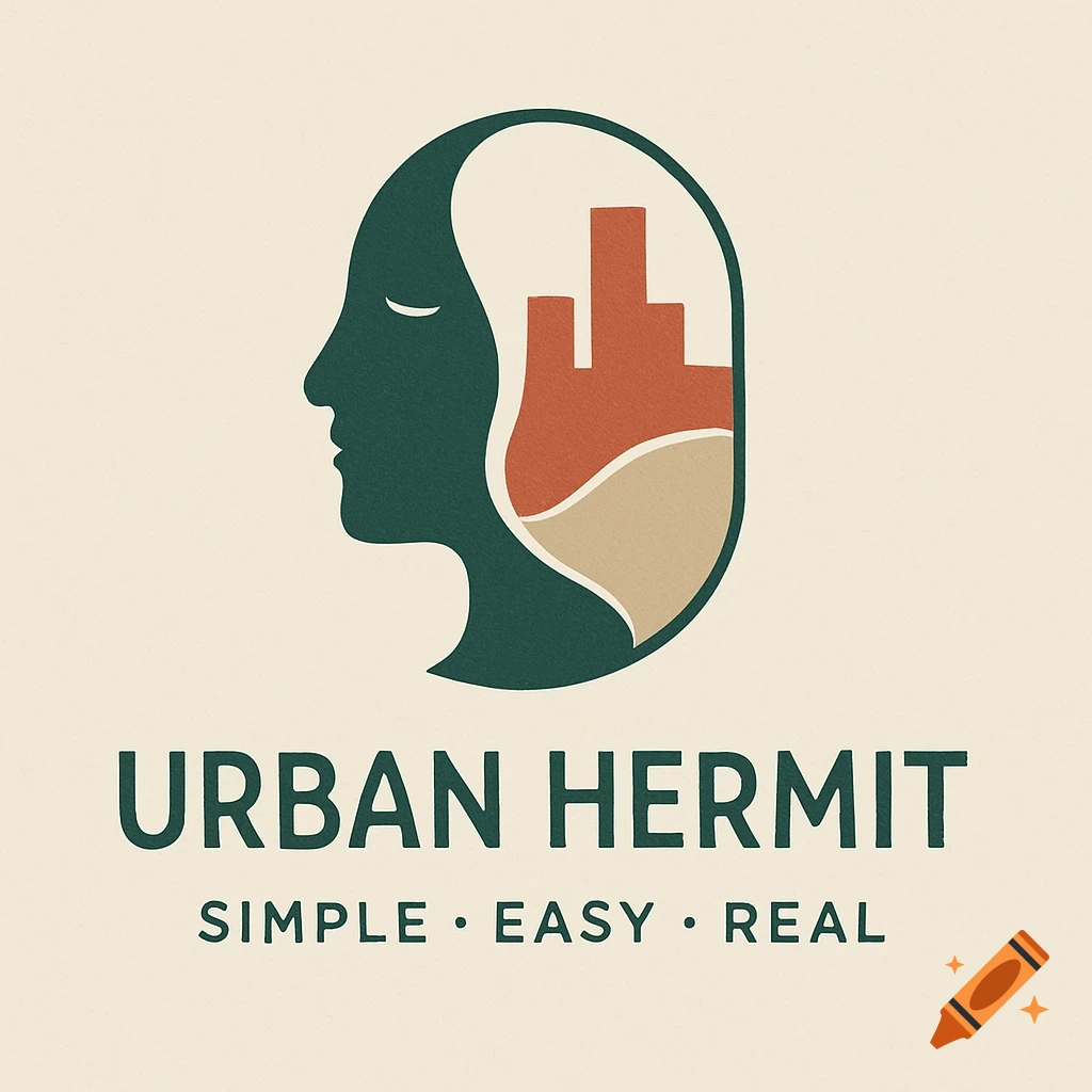 Minimalist logo with a dark green head silhouette containing an orange city skyline and beige hills, text 'URBAN HERMIT SIMPLE  EASY  REAL'.