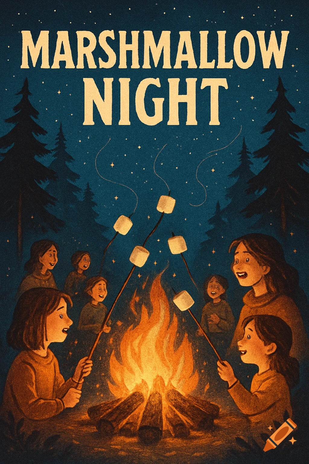An illustration of a family roasting marshmallows over a campfire in a forest at night. Text reads MARSHMALLOW NIGHT.
