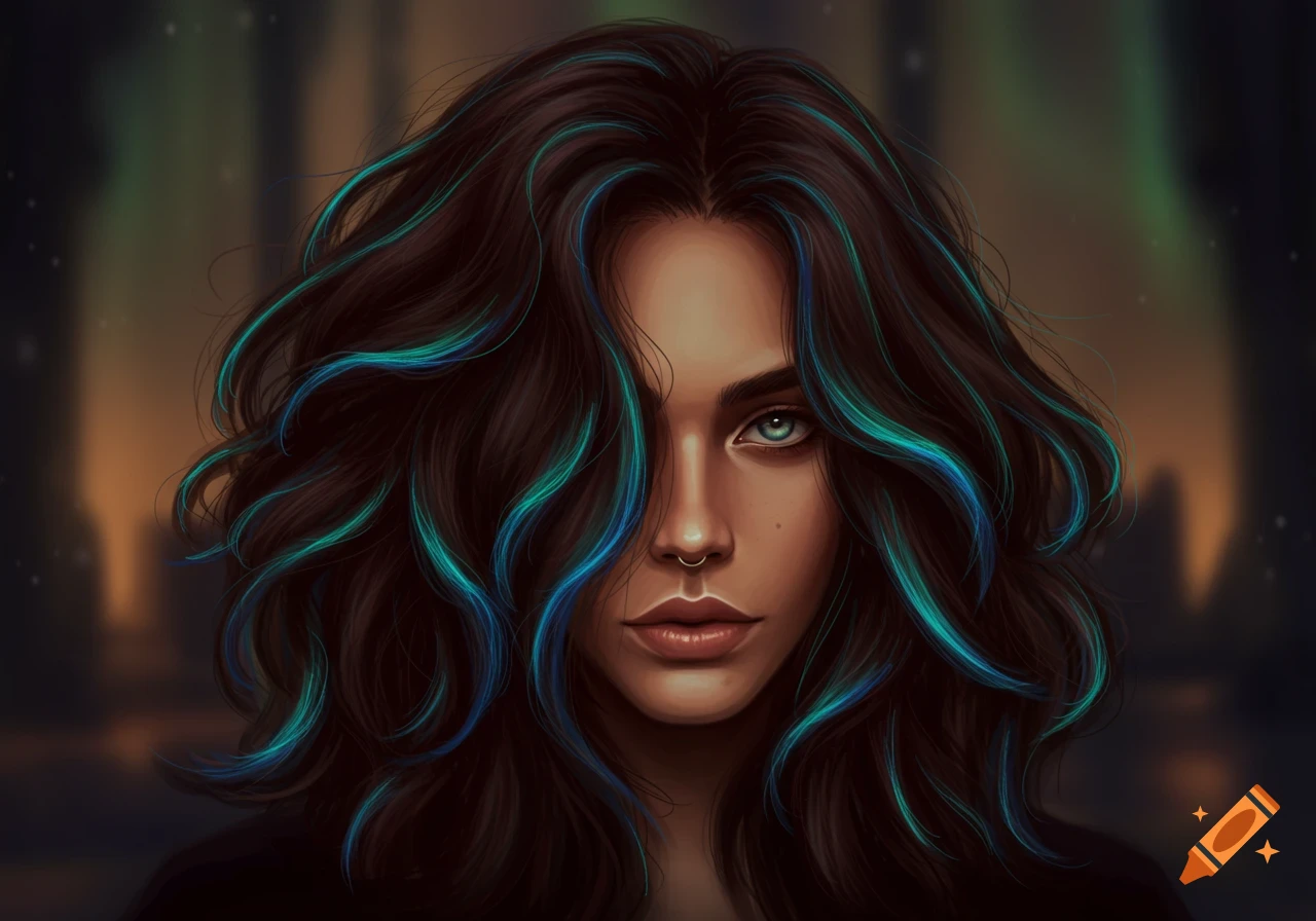 Close-up digital art portrait of a woman with dark brown hair and vibrant blue and green highlights, blue eyes, and a nose ring.
