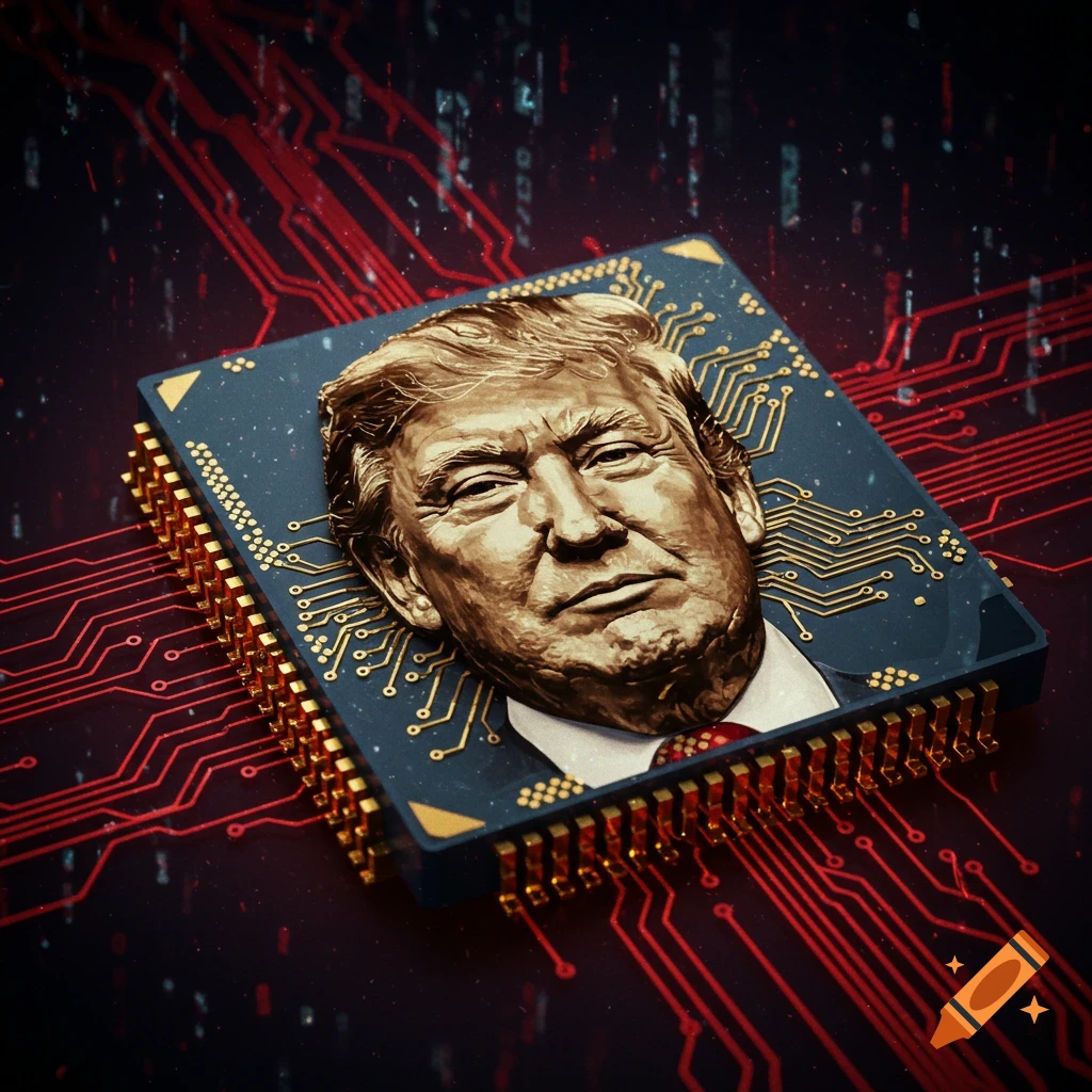 A stylized golden portrait of Donald Trump's face embedded on a dark blue CPU chip, surrounded by red and gold circuitry.