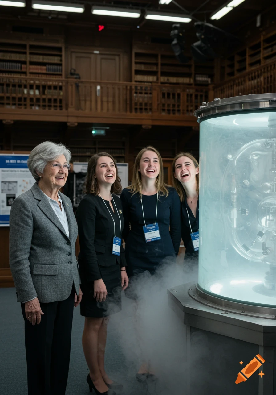Four women, an older professor and three young interns, smiling and looking at a misty glass science chamber in a large hall with bookshelves. Photorealistic.