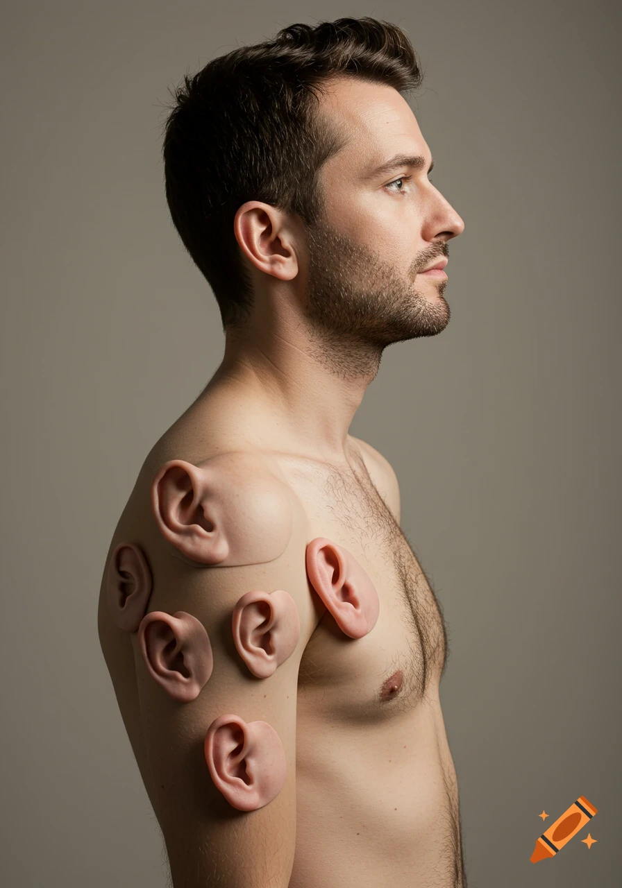 Close-up profile of a shirtless man with multiple human ears affixed to his shoulder and upper arm.