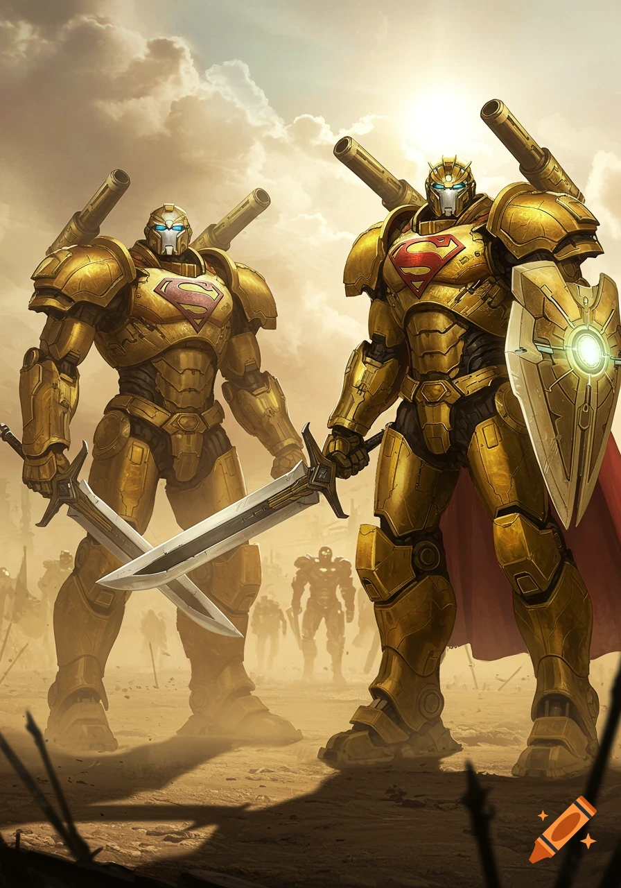 Two giant robots in golden armor with Superman symbols, shoulder cannons, swords, and a shield stand on a desert battleground.