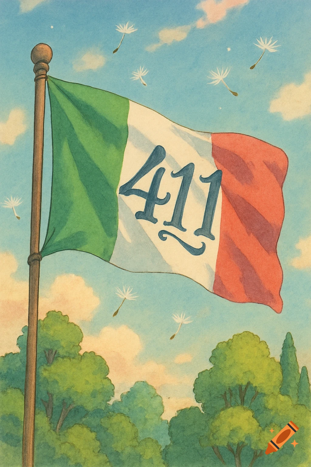 Ghibli style illustration of an Italian flag with the number 411, waving over green trees under a blue sky with floating dandelion seeds.