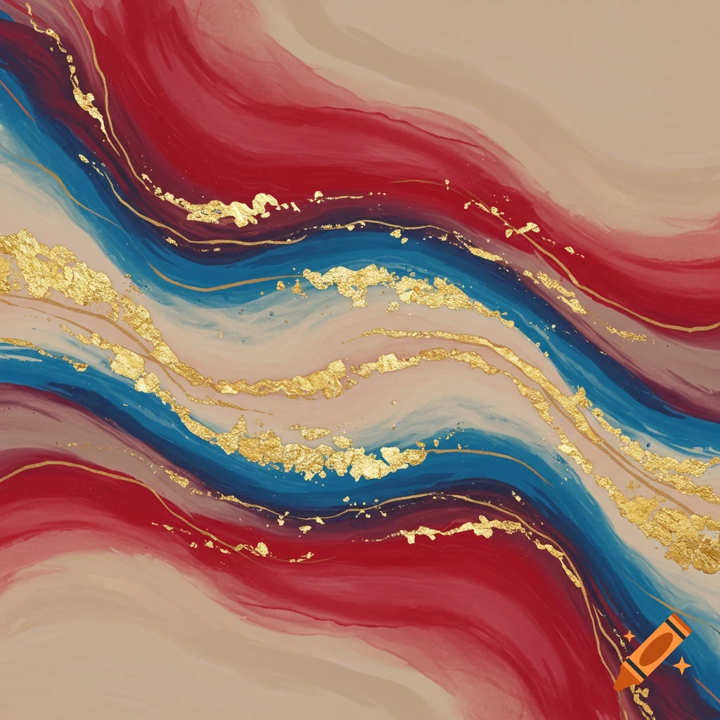 Abstract painting with swirling waves of red, blue, and beige, accented with sparkling gold leaf.