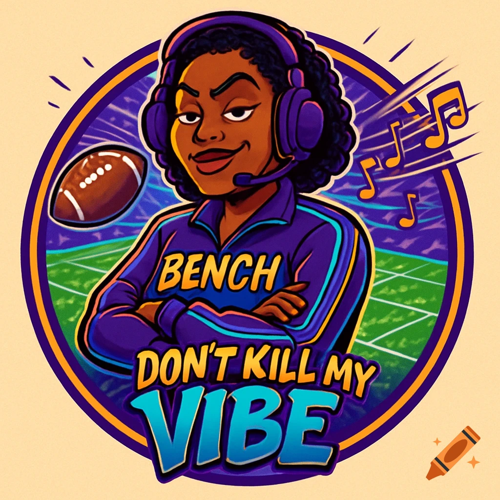 Cartoon logo of a Black woman football coach wearing headphones and a purple tracksuit, with a football and music notes. Text reads 'BENCH DON'T KILL MY VIBE'.