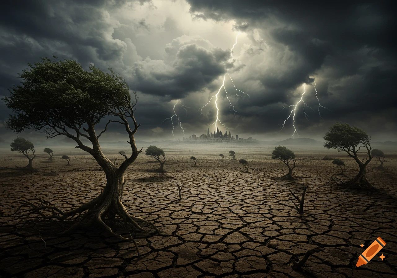 Stormy landscape with cracked earth, gnarled trees, lightning striking a distant city under dark clouds.