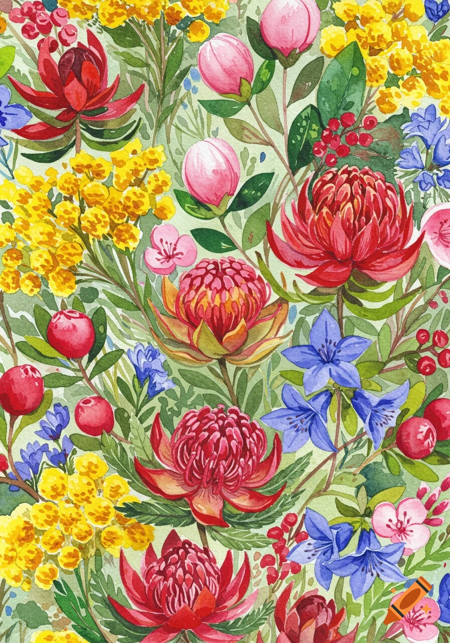 Vibrant watercolor pattern of Australian native wildflowers with red waratahs, yellow wattle, pink buds, and blue flowers.