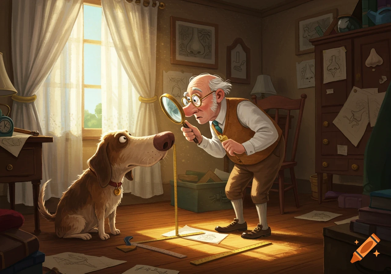 A whimsical cartoon depicts an old man measuring a brown dog's nose with a magnifying glass in a cozy, sunlit room.