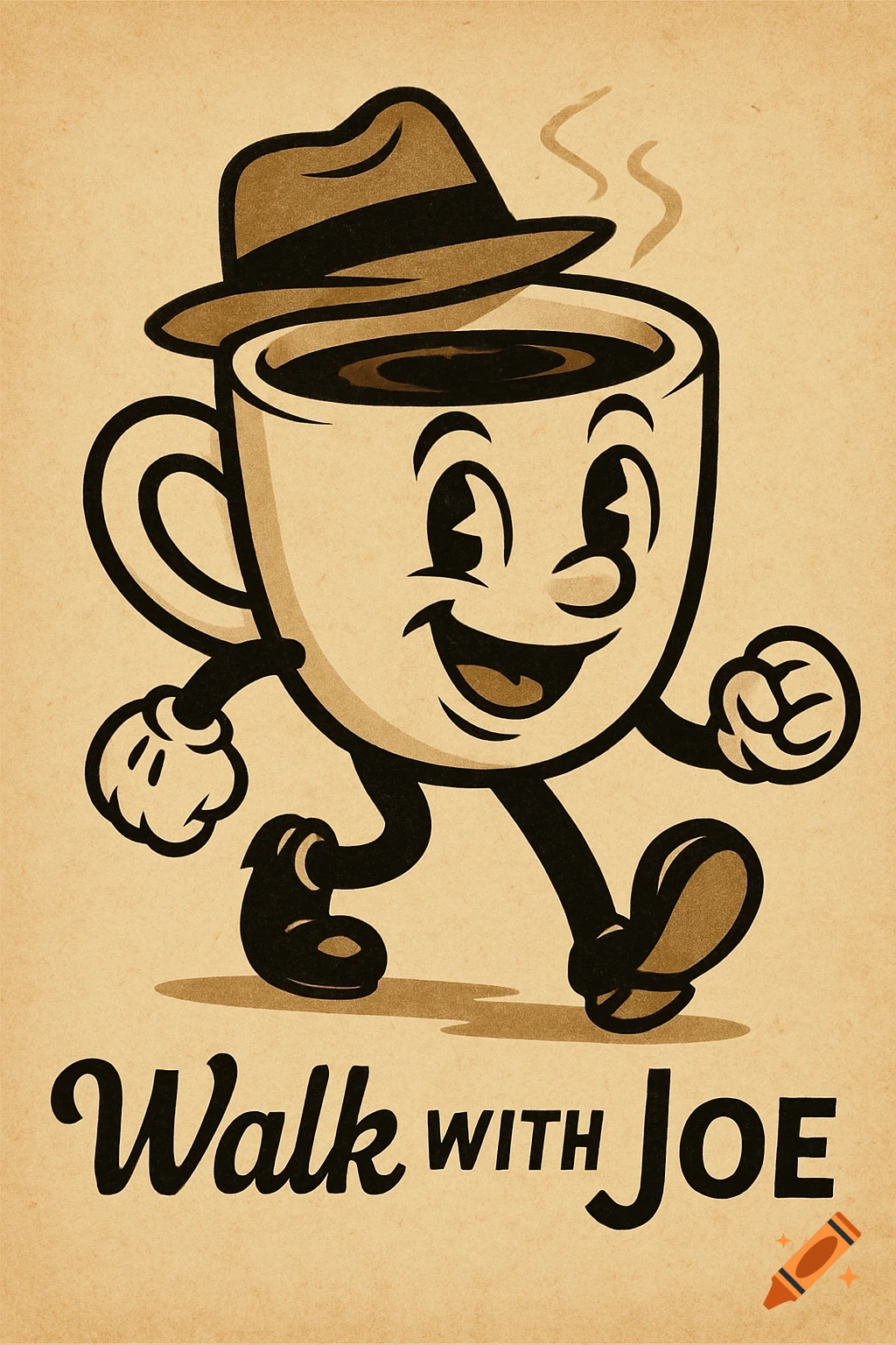 A retro 1950s cartoon illustration of a smiling coffee cup character wearing a fedora and walking, with 'Walk with Joe' text.