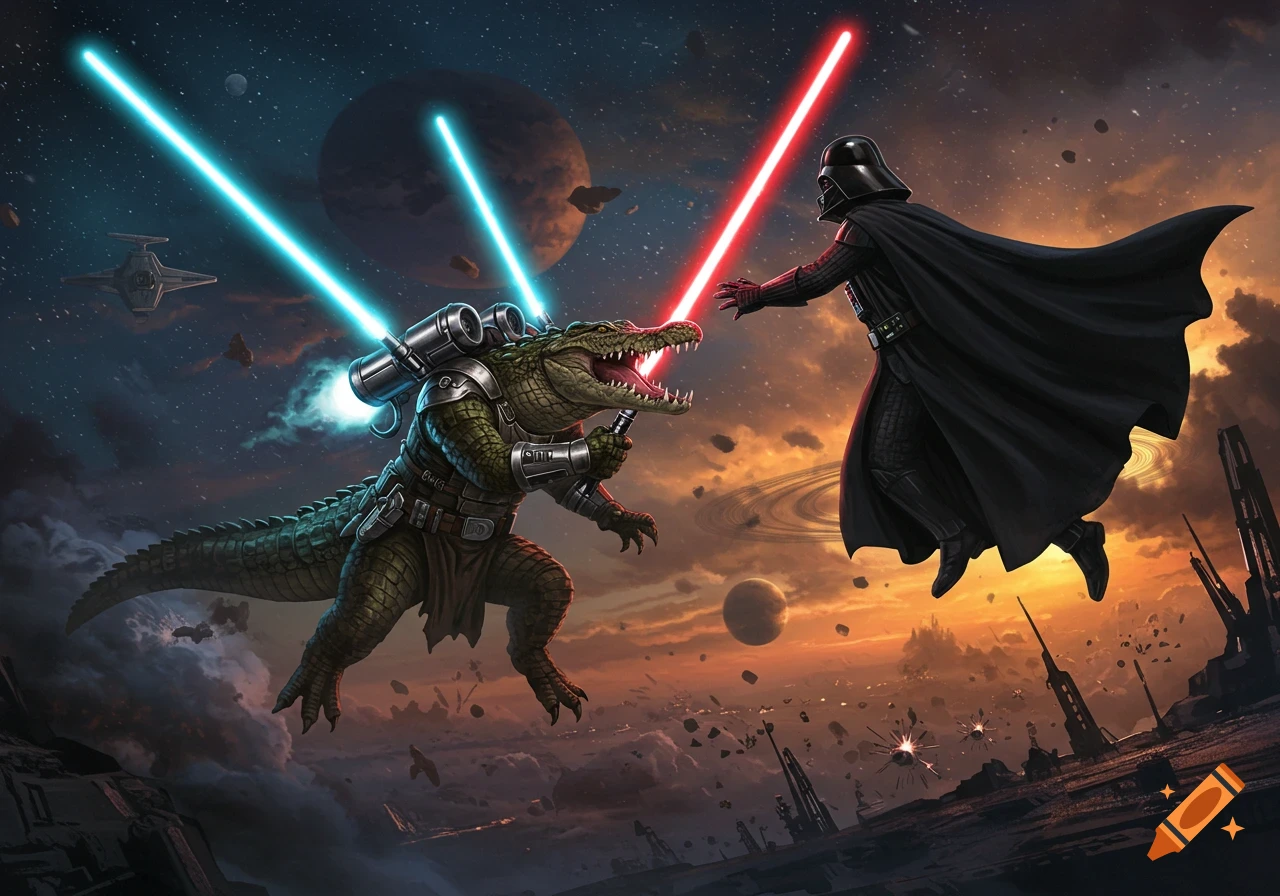 A crocodile with a jetpack and two blue lightsabers fights Darth Vader with a red lightsaber in a space battle.