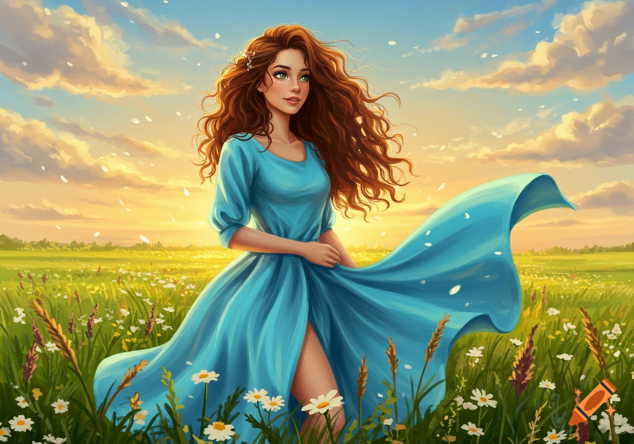 An illustration of a beautiful young woman with long brown hair in a blue dress, standing in a sunny field of daisies under a cloudy sky.