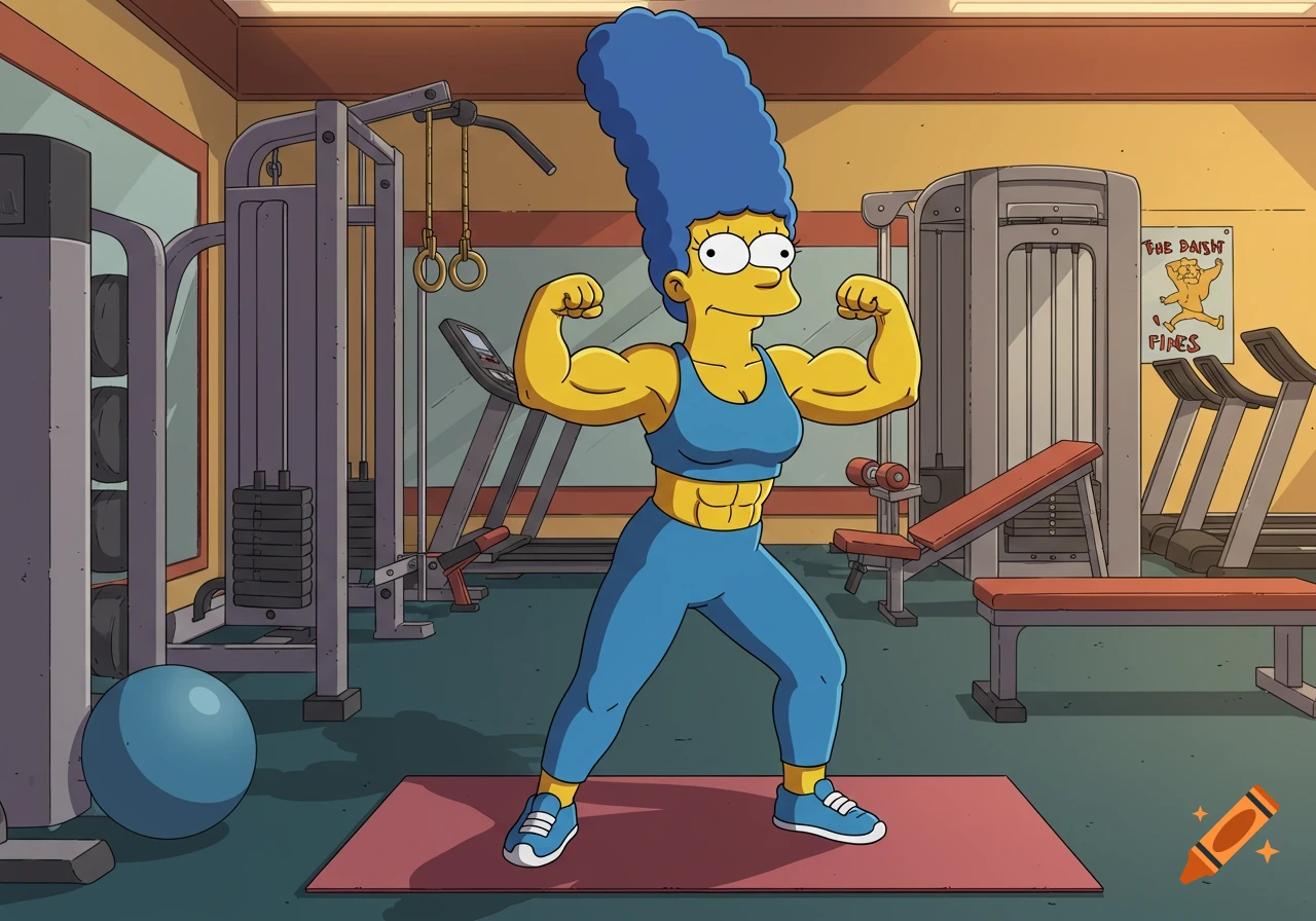 Marge Simpson flexing her muscular arms at a gym in cartoon style.