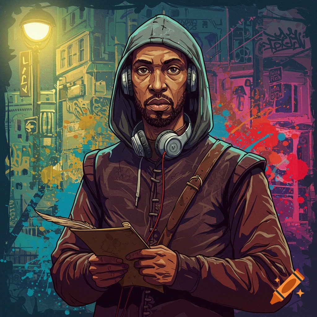 Vector illustration of a man in a hoodie and headphones, holding a quill and paper, against a colorful graffiti urban backdrop.
