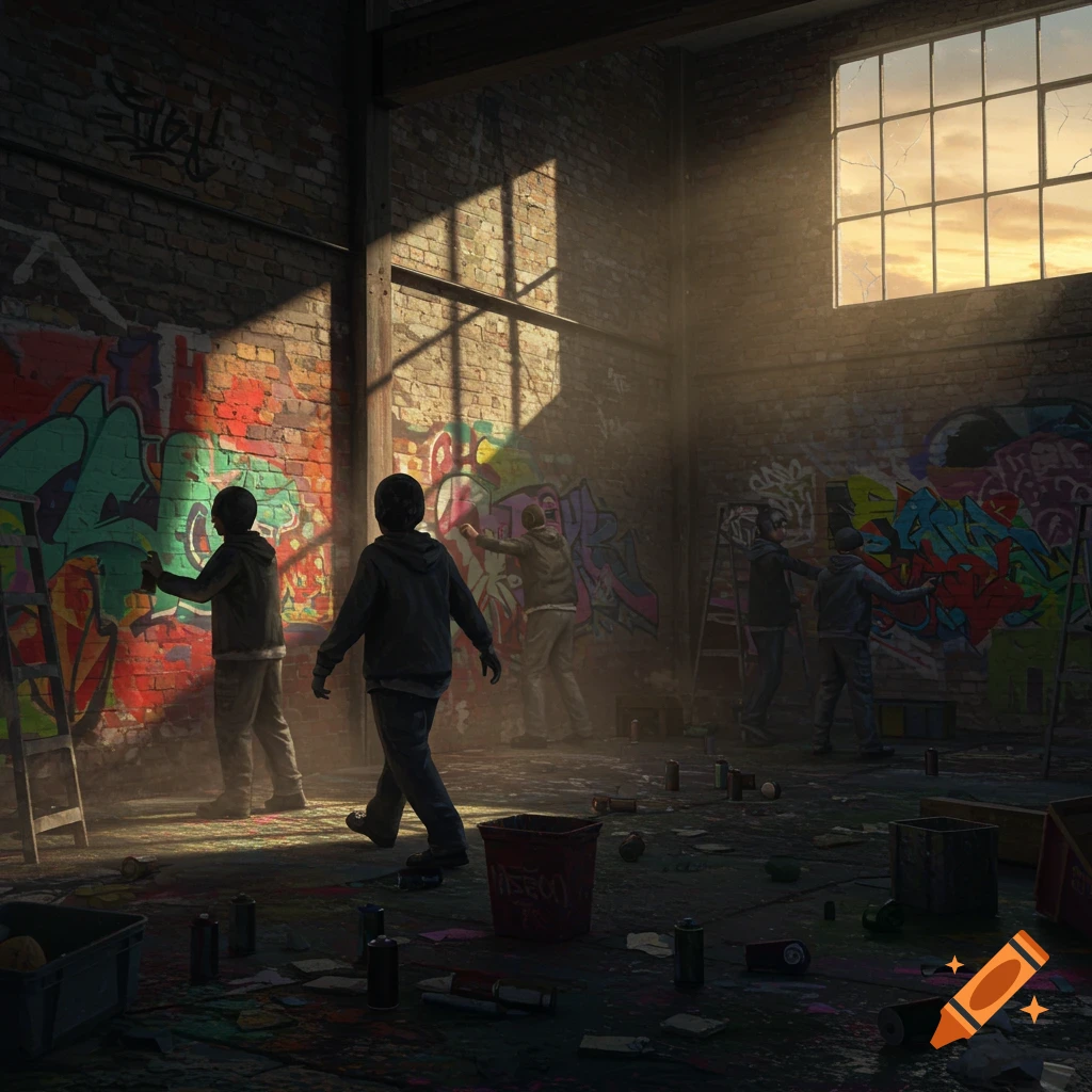 Young people spray painting colorful graffiti on the brick walls of a derelict building, illuminated by sunlight from a large window.