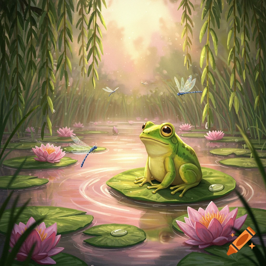 A whimsical illustration of a green frog on a lily pad in a pink pond with water lilies, willow branches, and dragonflies.