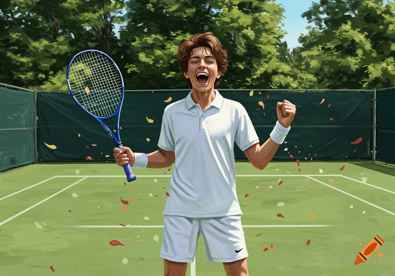 A happy, celebrating teenage boy with a tennis racket on a court, surrounded by confetti, in an illustration style.